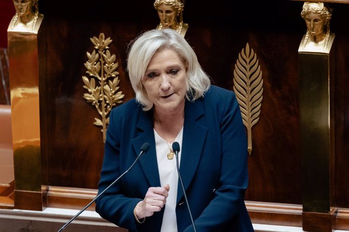 October 22, 2024, Paris, France, France: French MP and President of the National Rally (RN) group in the National Assembly Marine Le Pen addresses a speech during a debate session on the first part of the 2025 finance bill at the National Assembly.