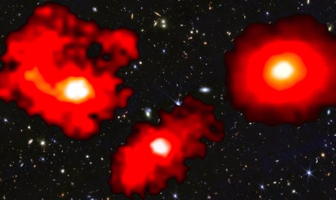 Los tres monstruos rojos son galaxias extremadamente masivas y polvorientas de los primeros mil millones de años después del Big Bang.