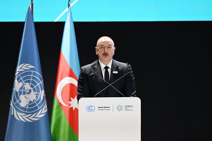 HANDOUT - 13 November 2024, Azerbaijan, Baku: Azerbaijan's president Ilham Aliyev, speaks during a plenary session at the 2024 United Nations Climate Change Conference COP29. Photo: -/COP29/dpa - ATTENTION: editorial use only and only if the credit mentio