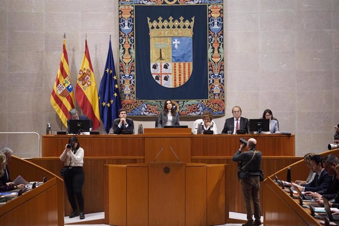 La presidenta de las Cortes de Aragón, Marta Fernández, ha dado lectura a una declaración institucional en solidaridad con los afectados por la DANA