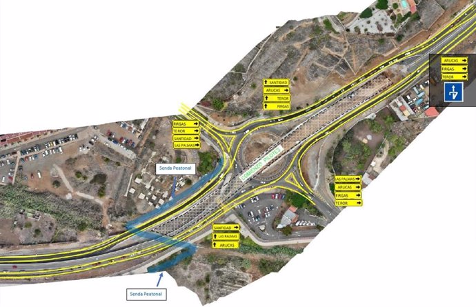 Plano indicativo de los desvíos en la GC-20, a su paso por Arucas (Gran Canaria)