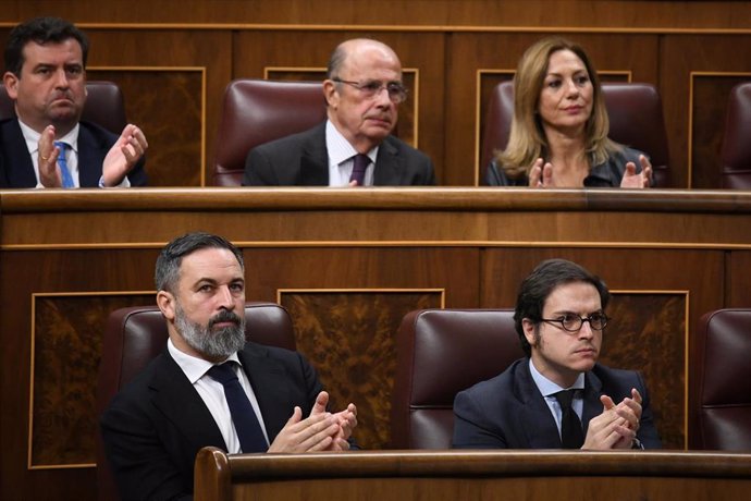 El presidente de Vox, Santiago Abascal y el secretario general del grupo parlamentario de Vox en el congreso, José María Figaredo, durante el Pleno del Congreso, a 13 de noviembre de 2024, en Madrid (España). 