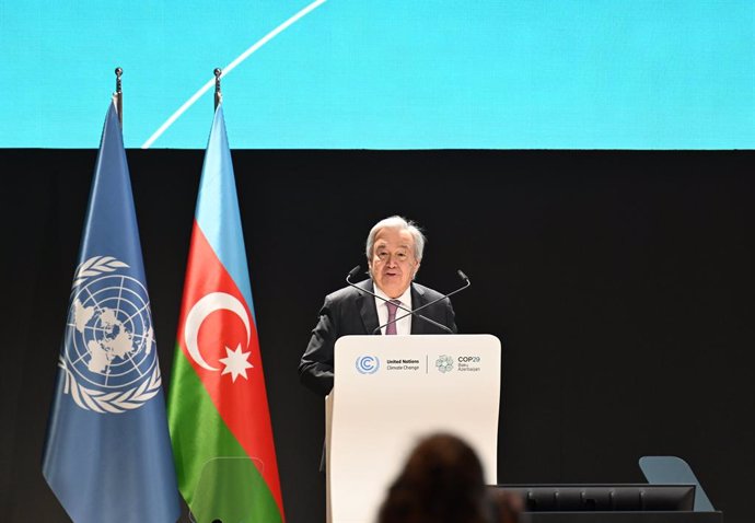 HANDOUT - 13 November 2024, Azerbaijan, Baku: United Nations' Secretary General Antonio Guterres speaks during a plenary session at the 2024 United Nations Climate Change Conference COP29. Photo: -/COP29/dpa - ATTENTION: editorial use only and only if the