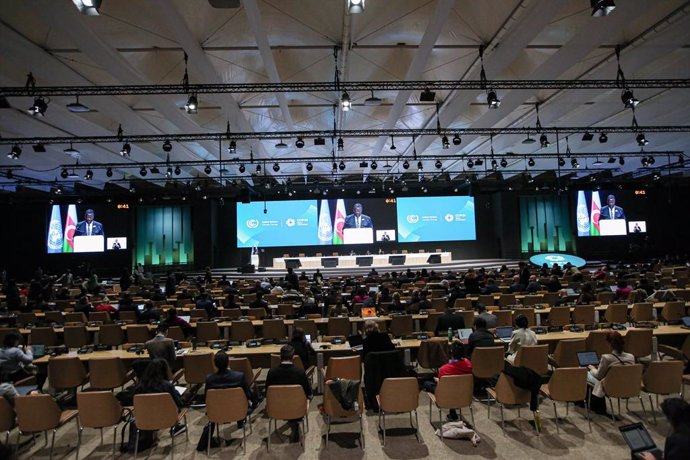 November 13, 2024, Baku, Azerbaijan, Azerbaijan: A wide angle view of MUSALIA MUDAVADI,  Prime Cabinet Secretary of Foreign Diaspora of Kenya , projected on screens while speaking at The World Leaders Climate Action Summit of COP29...The COP is the larges