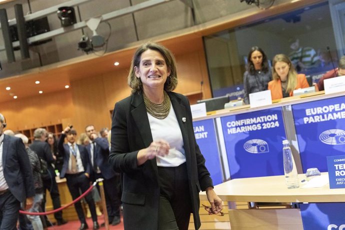 La candidata a la vicepresidencia ejecutiva de Transición Limpia, Justa y Competitiva, y a la cartera de Competencia de la Comisión Europea, Teresa Ribera, durante su intervención en el Parlamento Europeo para la confirmación de su candidatura.