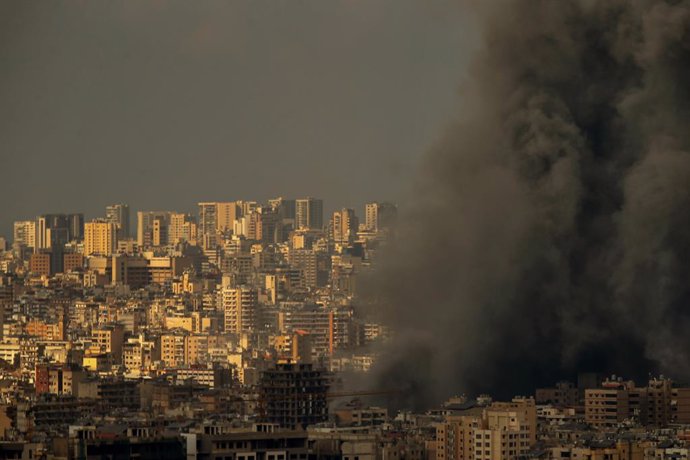 November 13, 2024, Beirut, Lebanon: Smoke billows from Beirut southern suburb following an Israeli air raid the pro-Iranian Hezbollah stronghold neighborhood. The Israeli military pounded Beirut's southern suburbs with airstrikes for the second day in a r