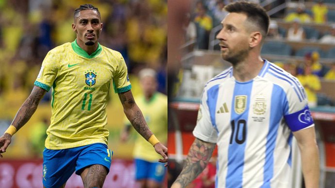 Los futbolistas Raphinha (Brasil) y Leo Messi (Argentina), en las Eliminatorias Sudamericanas.