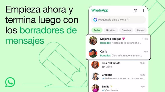 Interfaz de WhatsApp con borradores de mensajes