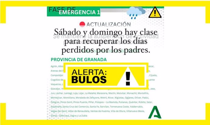 Bulo detectado por la Junta de Andalucía sobre la recuperación en fin de semana de clases perdidas por la DANA.