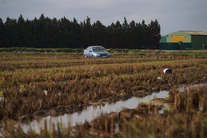 Un coche varado en un campo, a 14 de noviembre de 2024, en Alfafar, Valencia, Comunidad Valenciana (España).