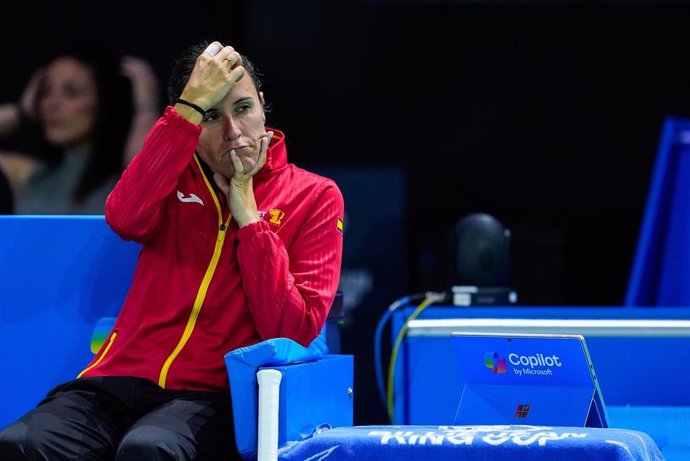 Anabel Medina, head coach of Spain, gesture during tennis match between Spain and Poland during The Billie Jean King Cup at Martin Carpena Pavilion stadium on November 15, 2024, in Malaga, Spain