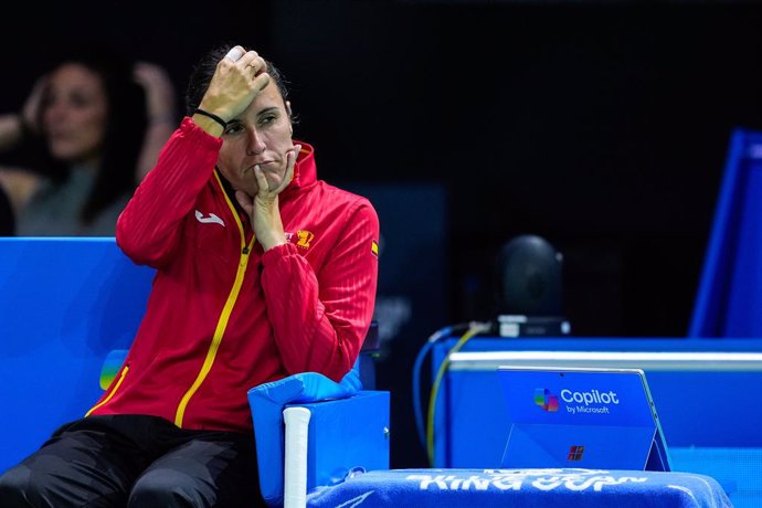 Anabel Medina, head coach of Spain, gesture during tennis match between Spain and Poland during The Billie Jean King Cup at Martin Carpena Pavilion stadium on November 15, 2024, in Malaga, Spain