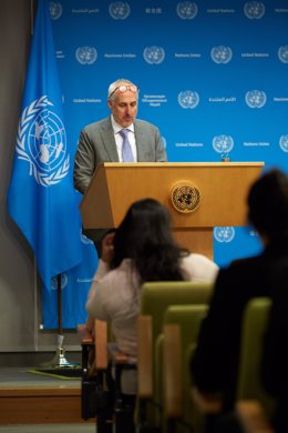 Archivo - September 11, 2024, New York, New York, USA: Stephane Dujarric Spokesperson for the Secretary-General delivered Secratary General Antonio Guterres's statement on the 23rd anniversary of 9/11 at todays noon briefing.