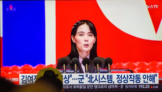 October 18, 2024, Seoul, South Korea: A 24-hour Yonhapnews TV broadcast at Yongsan Railway Station in Seoul showing a news broadcast with file footage of Kim Yo Jong, the sister of North Korean leader Kim Jong Un, vice department director of the Workers' 