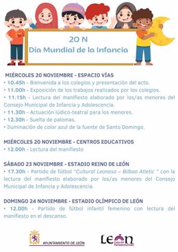 Cartel con la programación del Dia Mundial de la Infancia en León.