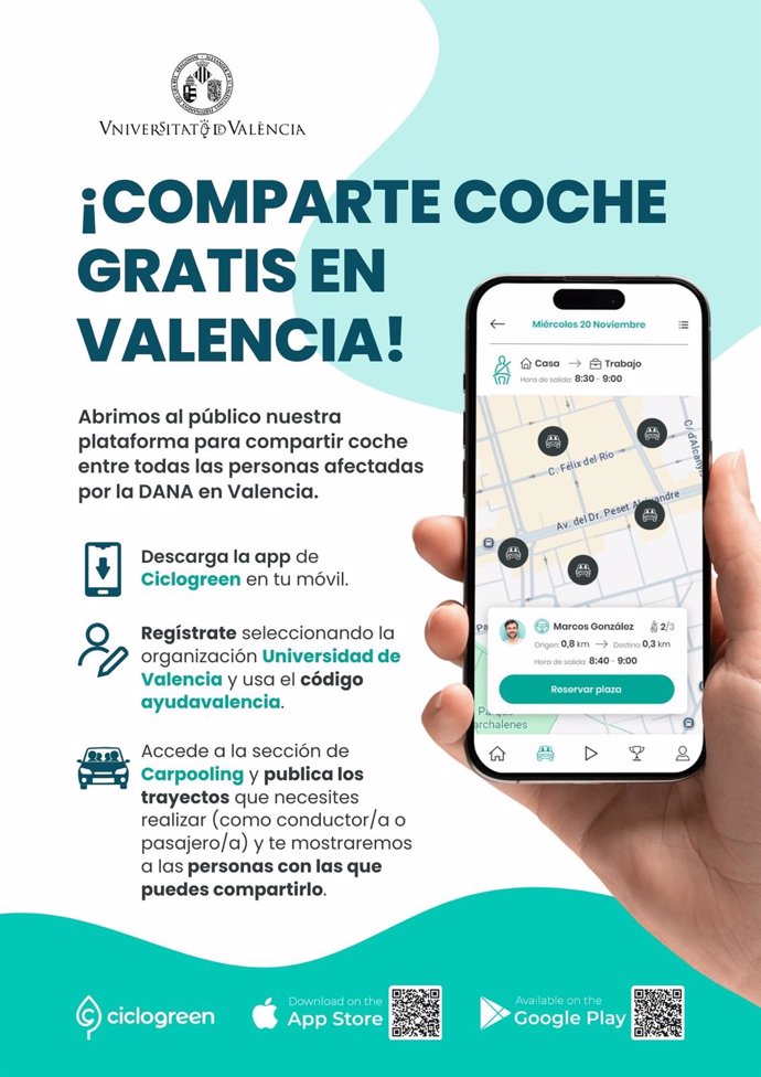 Cartel de la plataforma para compartir coche proporcionada por la UV ante las afecciones de la DANA