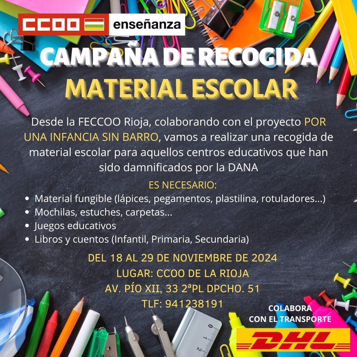 CCOO La Rioja organiza una campaña de recogida de material escolar por la DANA