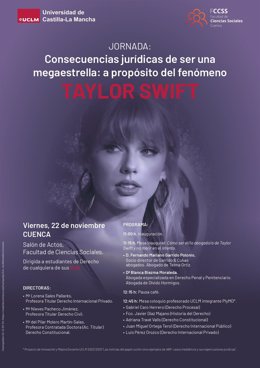 Cartel de la jornada 'Consecuencias jurídicas de ser una megaestrella: a propósito del fenómeno Taylor Swift'.