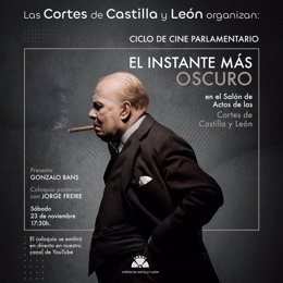 Cartel de la proyección en la sede de las Cortes de la pelúcula 'El instante más oscuro'.