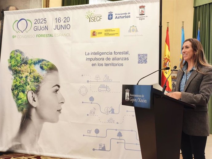 La vicealcaldesa gijonesa y concejala de Economía, Empleo, Turismo e Innovación, Ángela Pumariega, durante la presentación del IX Congreso Forestal Español.