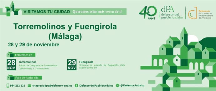 La Oficina de Información y Atención Ciudadana (OIAC) del Defensor del Pueblo andaluz se desplaza el jueves 28 de noviembre a Torremolinos y el viernes 29 a Fuengirola para atender presencialmente a la ciudadanía.