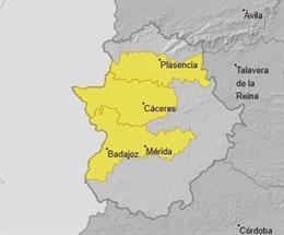 Zonas de Extremadura afectadas por los avisos por nieblas.