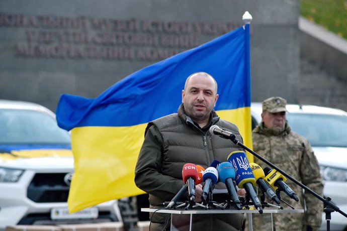 November 4, 2024, Kyiv, Ukraine: KYIV, UKRAINE - NOVEMBER 4, 2024 - Minister of Defense of Ukraine Rustem Umerov speaks during the handover ceremony from the Lithuanian Central Project Management Agency (CPVA) to the Ministry of Defense of Ukraine of vehi