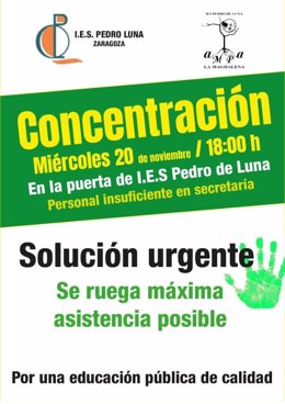 Cartel de la concentración convocada para este miércoles a las puertas del centro educativo zaragozano.