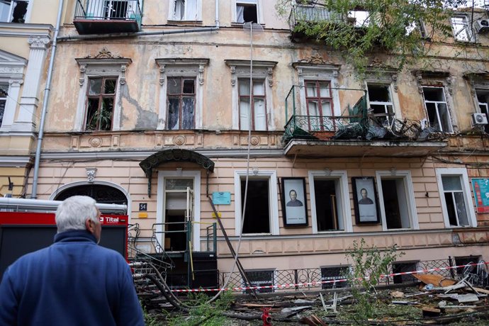 November 15, 2024, Odessa, Ukraine: A man looks at a residential building on Pasteur Street damaged by Russian actions. As of 9:00 a.m., according to reports from the mass media, on November 15, one person was killed and at least two others were injured a