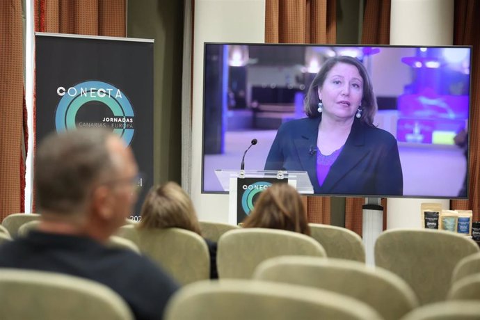 La eurodiputada Carmen Crespo en una intervención por videoconferencia en las Jornadas Conecta Europa organizadas por el Parlamento de Canarias