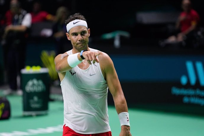 Rafael Nadal of Spain practices during the Davis Cup 2024 at Martin Carpena Pavilion on November 18, 2024, in Malaga, Spain