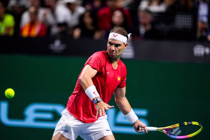 Rafael Nadal of Spain in action against Botic van de Zandschulp of Netherland during the Davis Cup 2024 tennis match played between Spain and Netherlands at Martin Carpena Pavilion on November 19, 2024, in Malaga, Spain