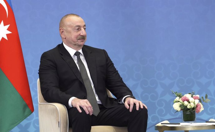 Archivo - July 3, 2024, Astana, Kazakhstan: Azeri President Ilham Aliyev, listens to Russian President Vladimir Putin, before the start of a bilateral meeting on the sidelines of the Shanghai Cooperation Organization Summit, July 3, 2024, in Astana, Kazak