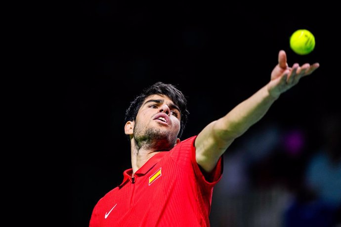 Carlos Alcaraz of Spain in action against Tallon Griekspoor of Netherland during the Davis Cup 2024 tennis match played between Spain and Netherlands at Martin Carpena Pavilion on November 19, 2024, in Malaga, Spain