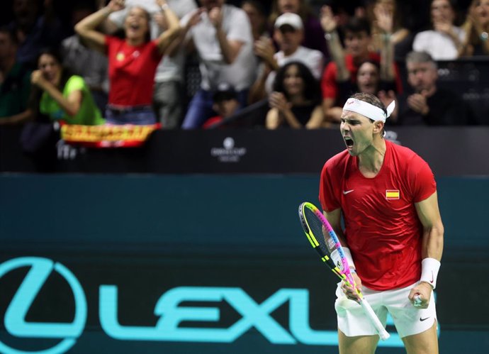 19 November 2024, Spain, Malaga: Spanish tennis player Rafael Nadal reacts during the Davis Cup quarter finals men's singles tennis match between Spain and Netherlands against Netherlands' Botic van de Zandschulp at the Jose Maria Martin Carpena Arena. Ph