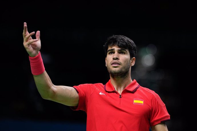 Carlos Alcaraz of Spain play doubles with Marcel Granollers against Wesley Koolhof and Botic Van de Zandschulp of Netherlands during the Davis Cup 2024 tennis match played between Spain and Netherlands at Martin Carpena Pavilion on November 19, 2024, in M