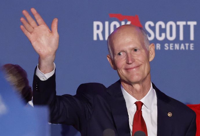 November 5, 2024, Miami, Florida, USA: U.S. Sen. Rick Scott celebrates his win with family and supporters during an election night party at the Hyatt Regency Coconut Point Resort in Bonita Springs, Florida, on Nov. 5, 2024.