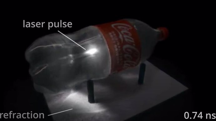 La imagen muestra un pulso de luz que viaja a través de una botella de refresco.