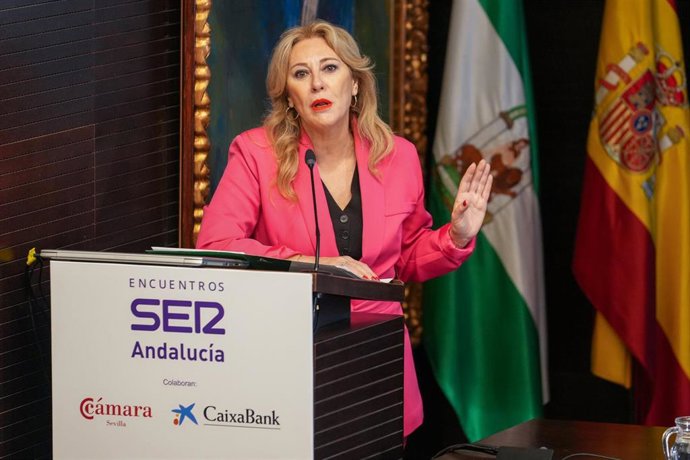 La consejera de Economía, Hacienda y Fondos Europeos, y portavoz del Gobierno andaluz, Carolina España, durante su participación en el Encuentro Ser. A 20 de noviembre de 2024 en Sevilla, Andalucía (España). La consejera de Economía, Hacienda y Fondos Eur