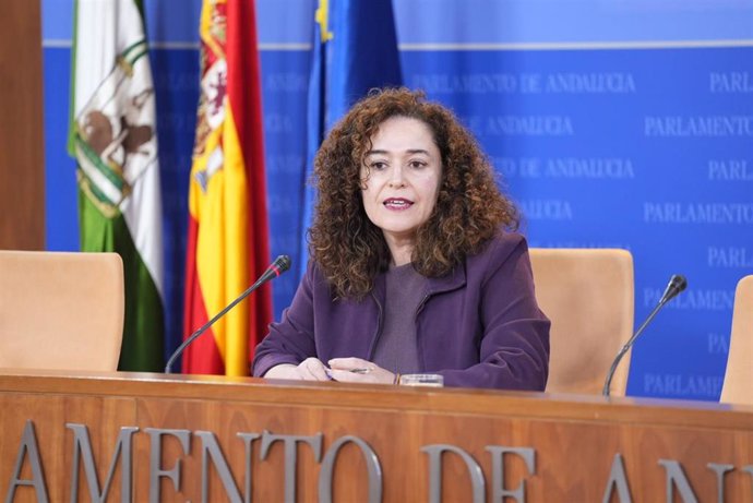 La portavoz de Por Andalucía, Inma Nieto, este miércoles en rueda de prensa en el Parlamento.