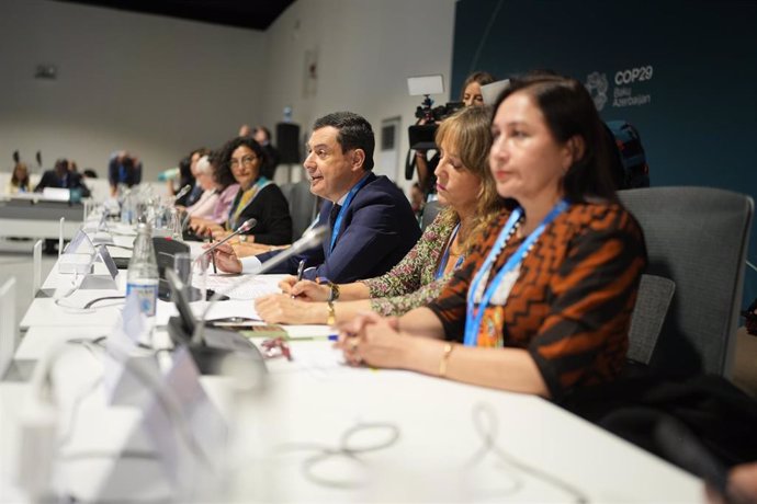 El presidente de la Junta de Andalucía, Juanma Moreno, este miércoles, en el marco de la Cumbre del Clima que se celebra en Bakú (Azerbayán)