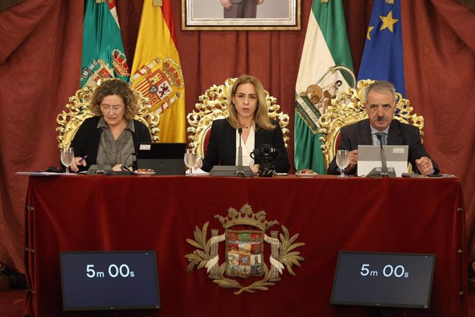 La presidenta de la Diputación de Cádiz, Almudena Martínez, en un momento del desarrollo del pleno ordinario de noviembre en el Palacio Provincial.