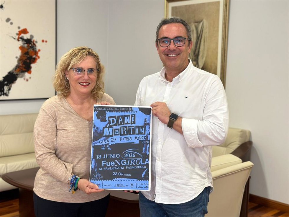 La alcadesa de Fuengirola, Ana Mula, y el concejal de Cultura y Grandes Eventos, Rodrigo Romero, presentan el concierto de Dani Martín en Marenostrum Fuengirola 2026, que tendrá lugar en junio.