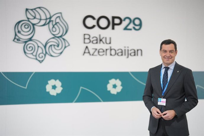 El presidente de la Junta de Andalucía, Juanma Moreno, durante su asistencia a la COP29