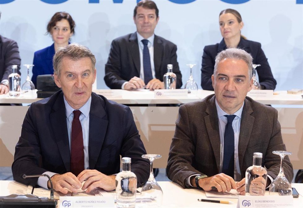 El presidente del Partido Popular, Alberto Núñez Feijóo (i) y el vicesecretario de Coordinación Autonómica y Local del PP, Elías Bendodo (d), durante la Junta Directiva Nacional del Partido Popular, en el Hotel Eurostars Madrid Tower, a 18 de noviembre 