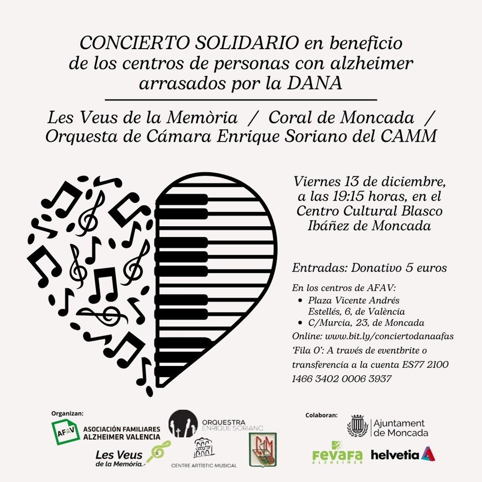 Un concierto solidario recaudará fondos para reconstruir los centros de las asociaciones de personas con alzhéimer arrasados por la DANA de Valncia