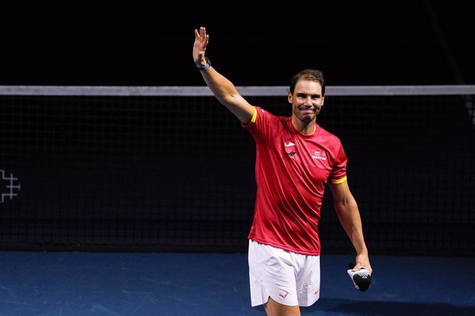 Rafael Nadal of Spain during the tribute to his career in his farewell to professional tennis during the Davis Cup 2024 at Martin Carpena Pavilion on November 19, 2024, in Malaga, Spain