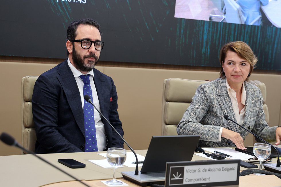 El presidente del Zamaro CF, Víctor de Aldama, sentado junto a la secretaria de la comisión y diputada regional del PP Margalida Durán, comparece ante la comisión no permanente de investigación en el Parlament balear, a 20 de mayo de 2024, en Palma de