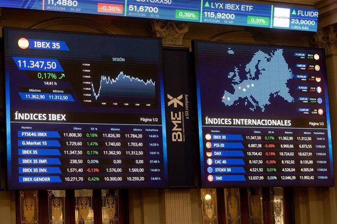 Archivo - Un panel del Ibex 35, en el Palacio de la Bolsa, a 20 de mayo de 2024, en Madrid (España).