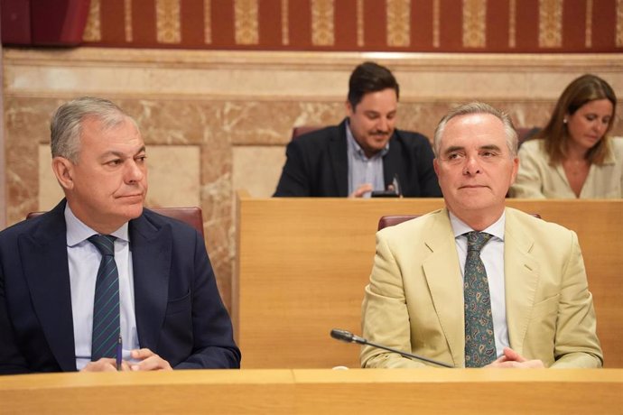 Archivo - El alcalde de Sevilla, José Luis Sanz, junto al portavoz del PP en el Ayuntamiento, Juan Bueno. Imagen de archivo.